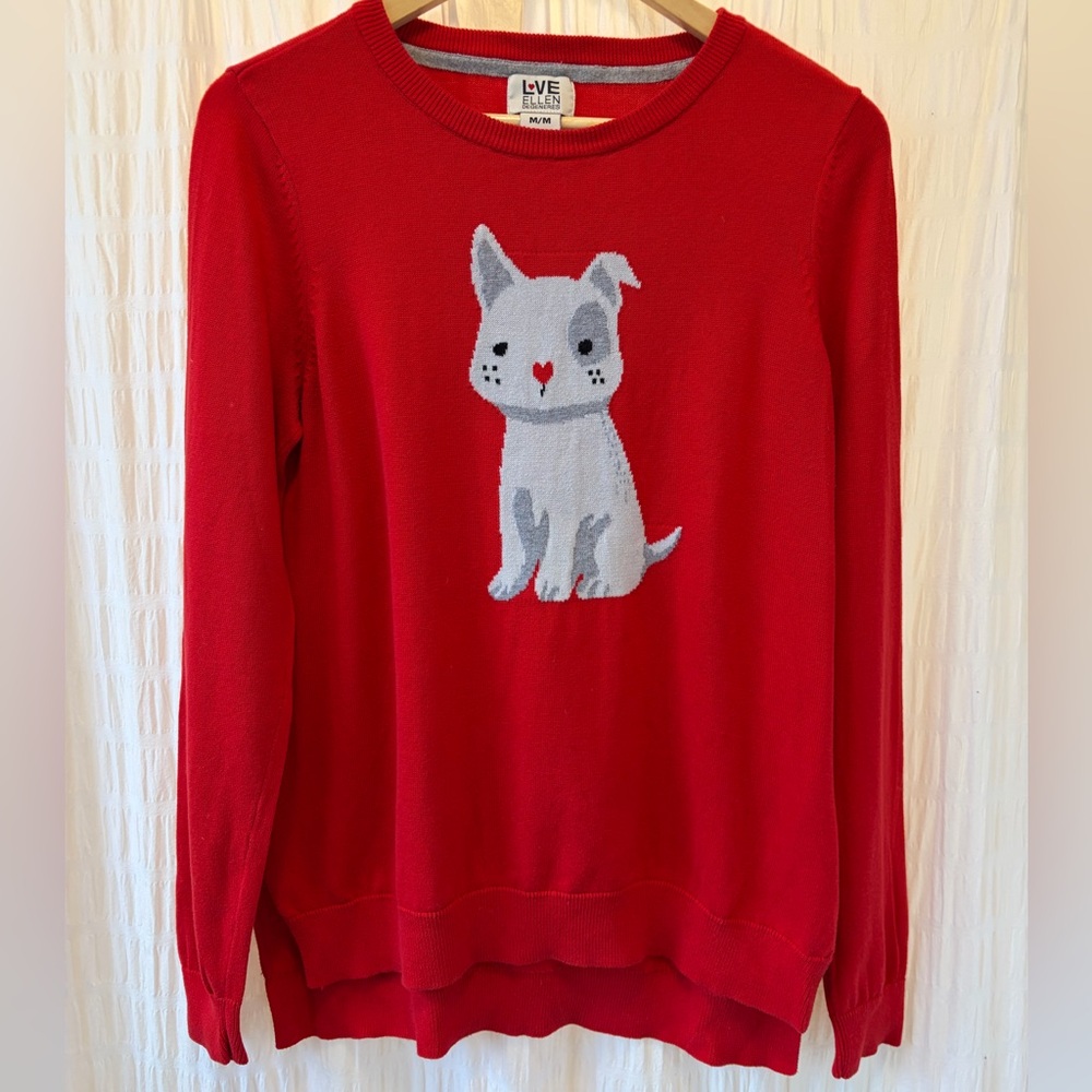 Ellen Degeneres Red Crewneck with a dog on the front and paw print on the back.